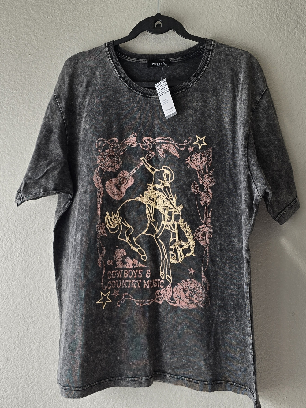 NWT Zutter Black Mineral-Wash 'Cowboys & Country Music' Graphic Tee 100% Cotton